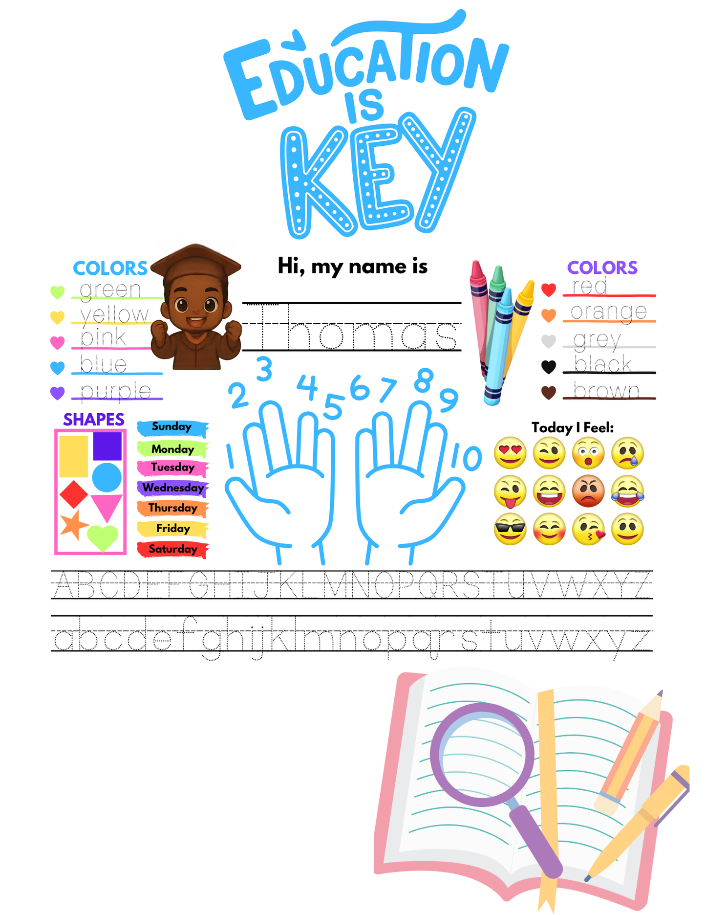 Little Learner Trace Play Sheet, Canva Editable Preschool Template, Name, Alphabet, & Colors