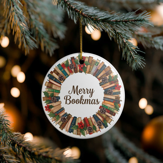 Merry Bookmas Ornament - Ceramic Decoration for Book Lovers, Holiday Decor, Christmas Gift, Reading Lover Gift, Literary Ornament