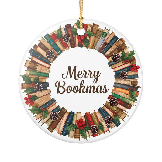 Merry Bookmas Ornament - Ceramic Decoration for Book Lovers, Holiday Decor, Christmas Gift, Reading Lover Gift, Literary Ornament