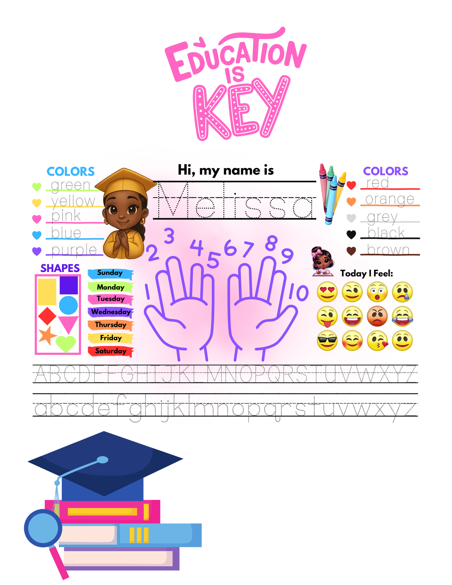 Little Learner Trace Play Sheet, Canva Editable Preschool Template,  Name, Alphabet, & Colors