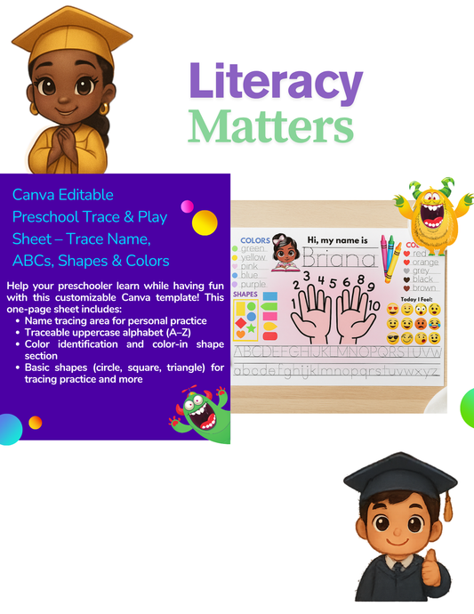 Little Learner Trace Play Sheet, Canva Editable Preschool Template,  Name, Alphabet, & Colors